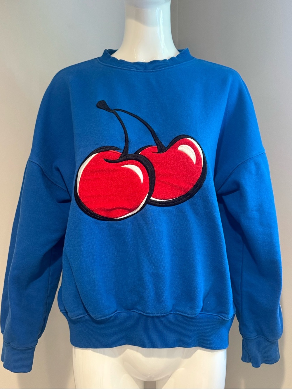 Kirsh Cherry Graphic Sweatshirt Blue Crewneck Cotton Made in Korea Size 1